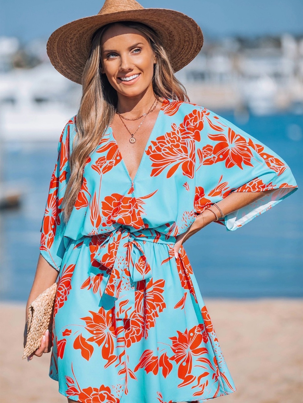 Cupshe Aqua and Red Floral Tie-Waist Beach Coverup NWT